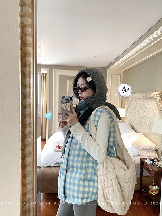 女款外穿学生蓝色格子立领马甲背心女冬季宽松保暖加厚棉服外套