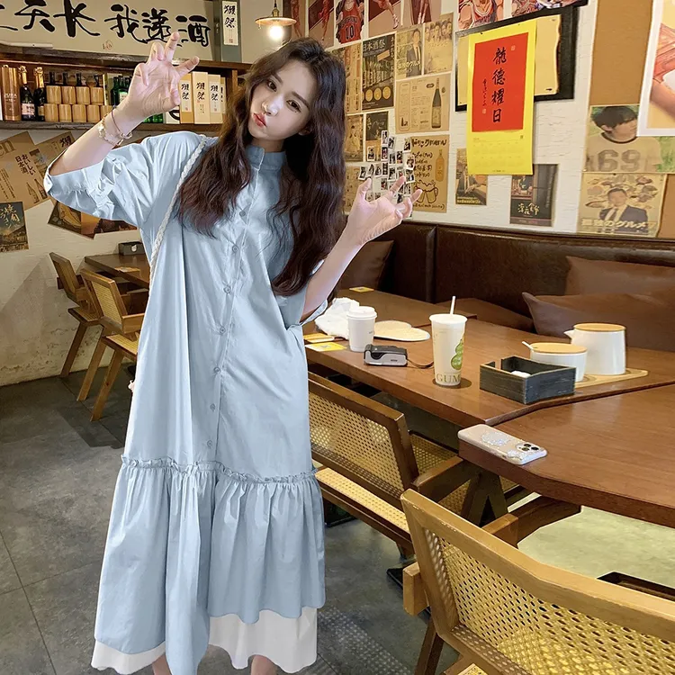 粉色设计感拼接连衣裙女2025夏季新款韩系少女宽松中长款衬衫裙潮