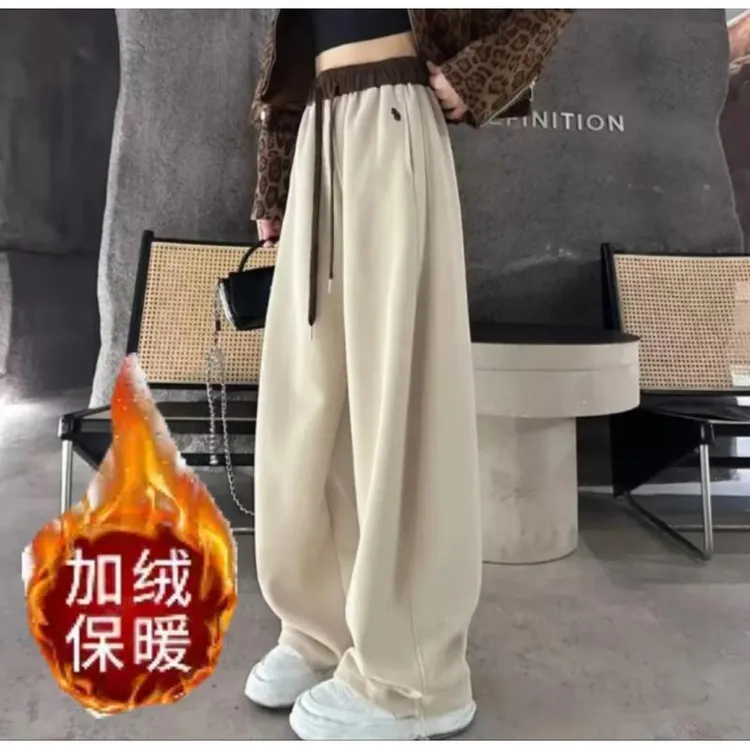 2559冬季加绒专属高品质松紧腰一裤两穿直筒刺绣卫裤休闲裤宽松