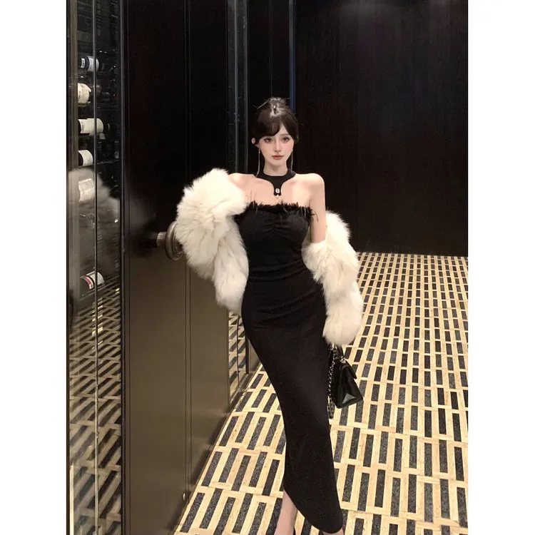 秋冬纯欲高级挂脖装饰 一字肩包臀鱼尾长款裙抹胸连衣裙女