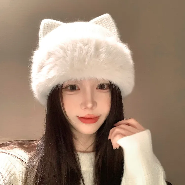 可爱猫耳朵针织毛线帽女士秋冬季白色加厚毛绒保暖显脸小护耳帽子