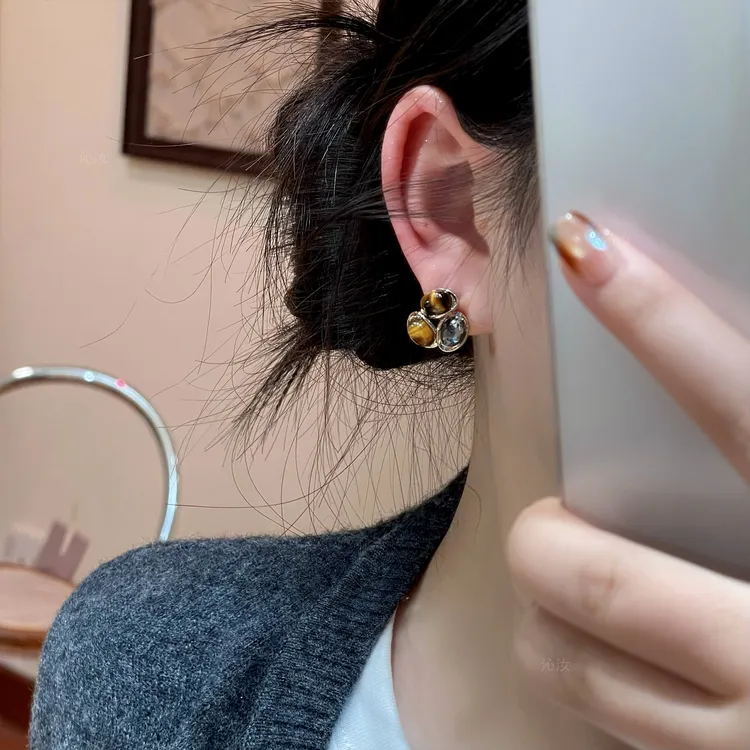 【沁汝饰品】FQ793虎眼石质感耳钉气质小众时尚高级轻