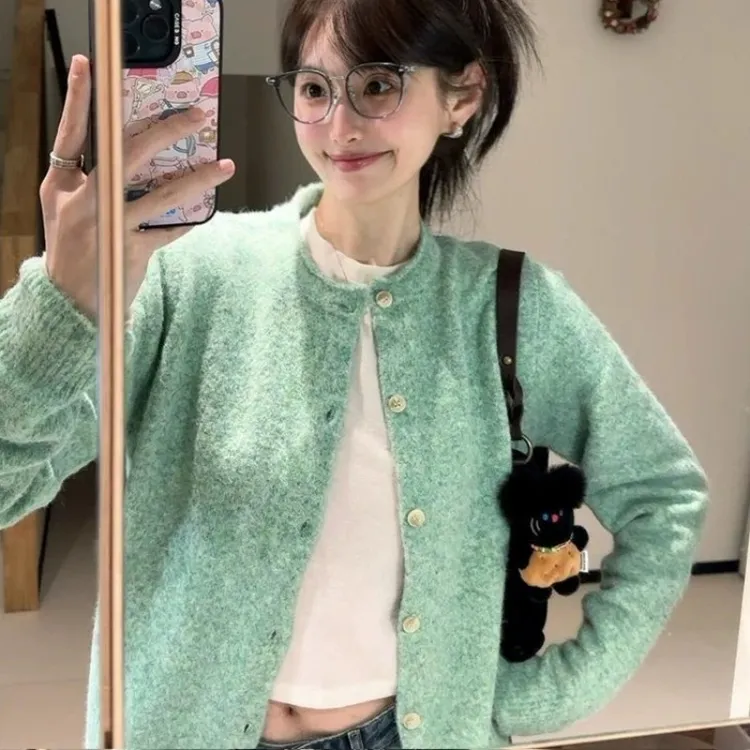 薄荷绿温柔系圆领开衫毛衣春秋新款韩版百搭卷边外穿内搭上衣外套