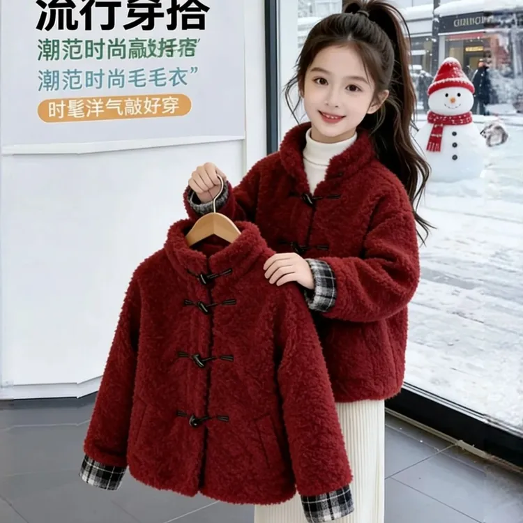 女童冬装外套2025新款女孩加绒加厚拜年服儿童羊羔绒毛毛衣洋气韩