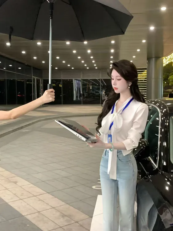 【雅乔定制】许妍衬衫 蝴蝶结系带缎面白色衬衣女长袖DYYY-24075482