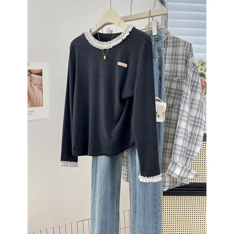 大码宽松花边拼接圆领正肩长袖T恤秋冬胖mm显瘦小众百搭打底上衣