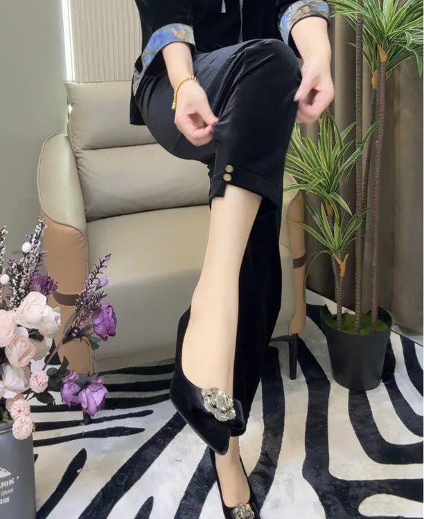 7725丝绒裤纽扣秋季拼接时尚气质休闲裤舒适直筒裤网红韩版时装