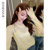 韩韩IU【许愿黄玫瑰】时尚经典圆领立体钩花百搭柔软亲肤宽松针织衫