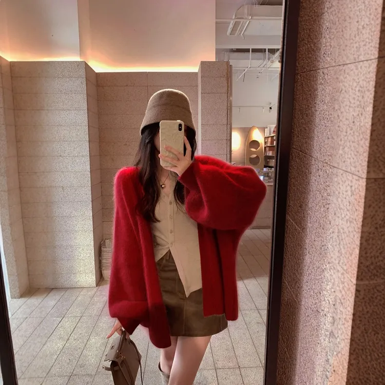 高级感软糯中长款针织开衫女秋冬季宽松慵懒风毛衣外套毛茸茸上衣