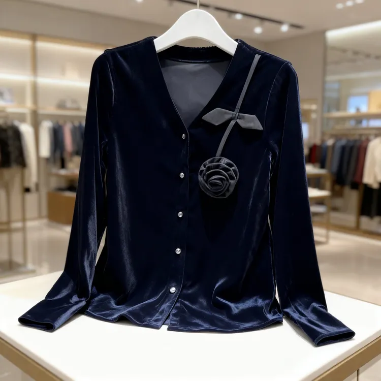 高端百搭设计感立体花朵V领丝绒上衣早秋新款衬衣气质显瘦开衫