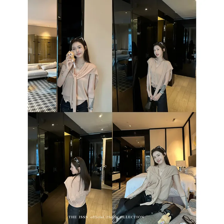 THEISSN宁司 披肩设计感T恤女夏季休闲百搭宽松显瘦上衣 0997