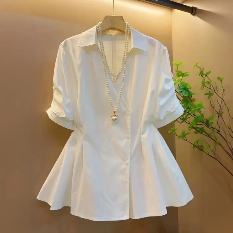 大码女装2025夏季新款白色短袖衬衫女显瘦胖妹妹胖mm气质收腰上衣