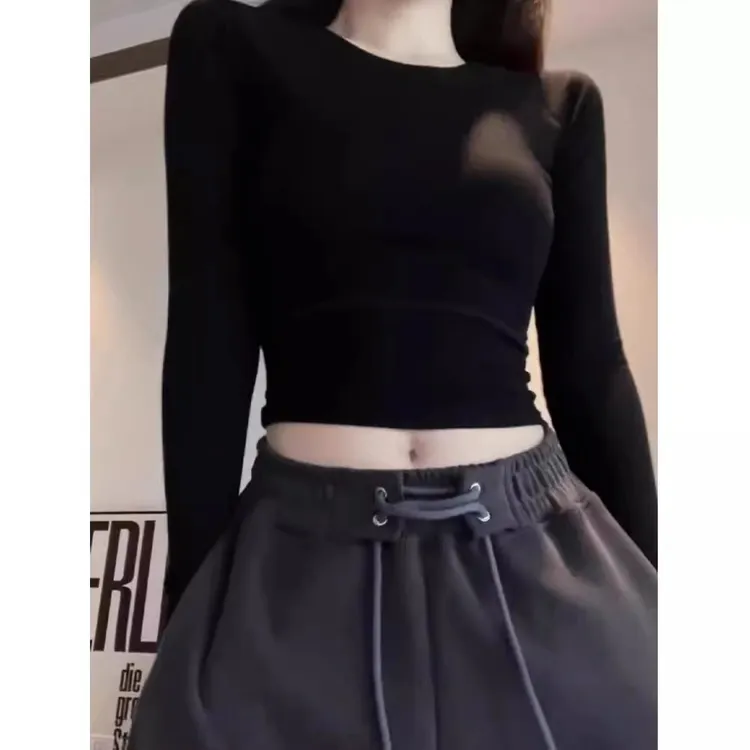 圆领打底衫女士春季纯欲风高腰露脐修身显瘦短款内搭长袖T恤上衣