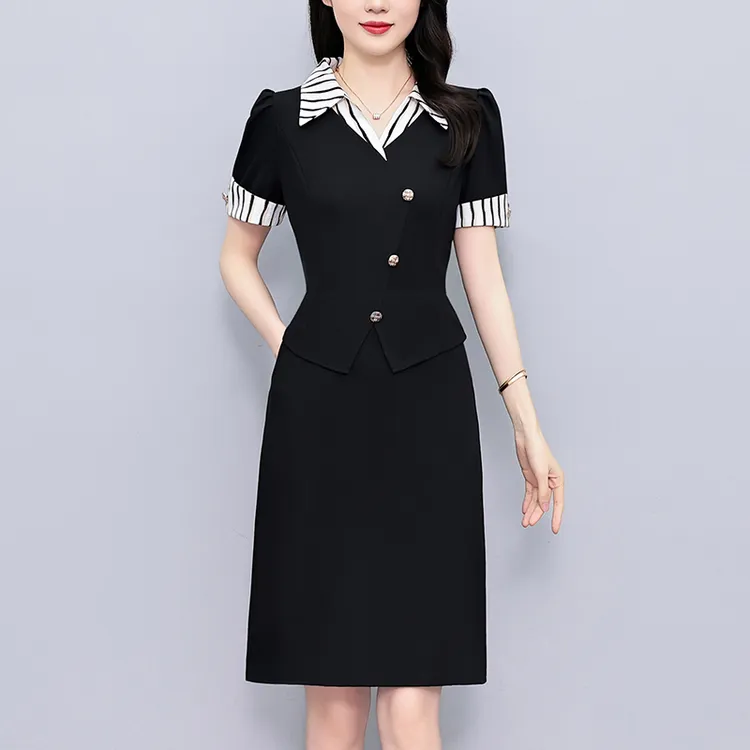条纹气质修身大码女装胖mm阔太太妈妈装短袖连衣裙子夏季新款显瘦