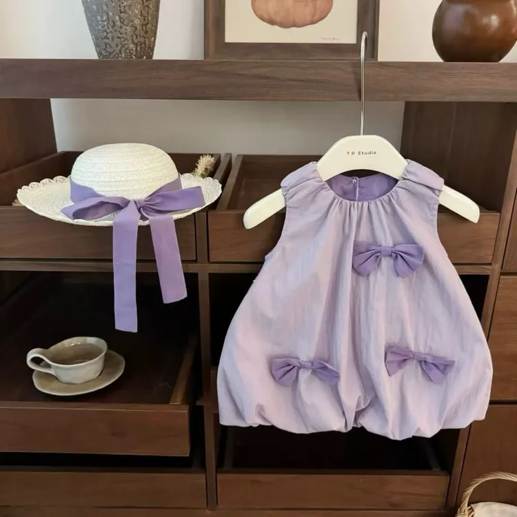 【送帽子】夏季潮流设计香芋紫蝴蝶结可爱甜美花苞背心裙新款ins风