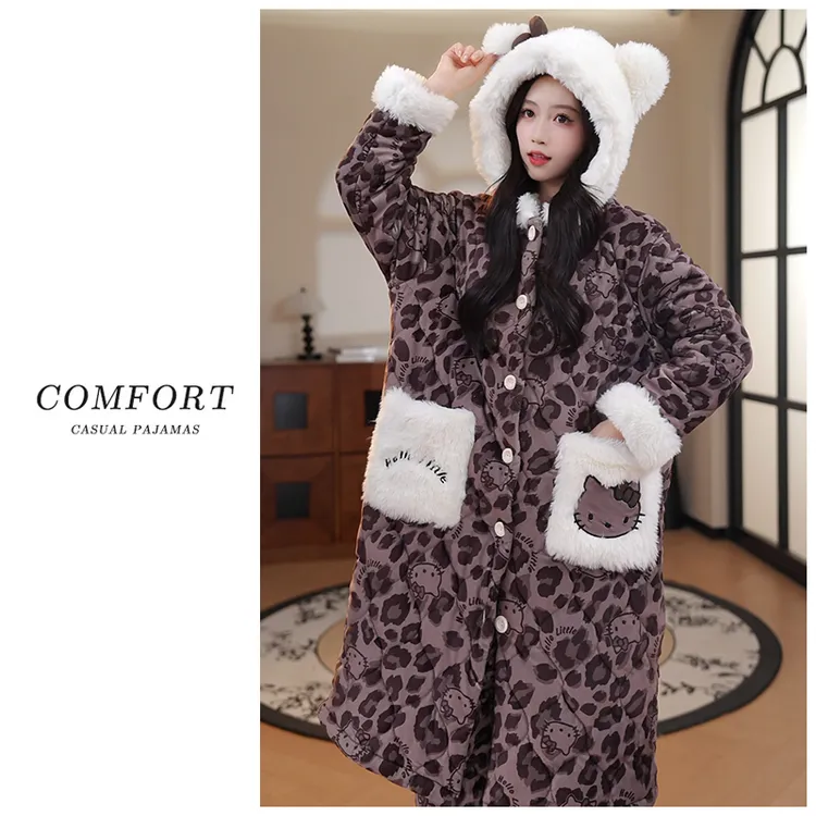 Nuodun/诺盾冬季女士新款睡袍三层夹棉加厚保暖卡通家居服可外穿