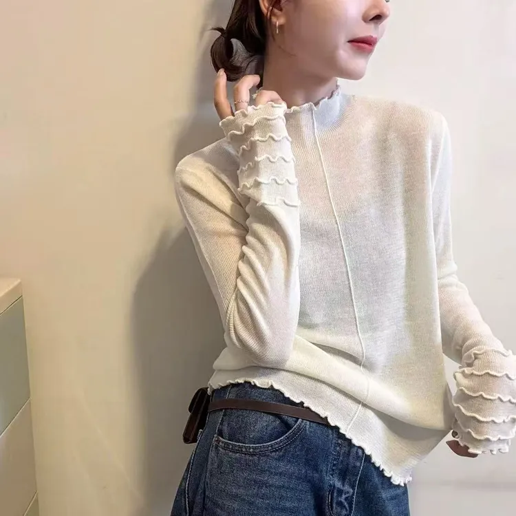【细绵羊毛】秋冬款木耳边半高领纯色针织衫休闲百搭上衣女打底