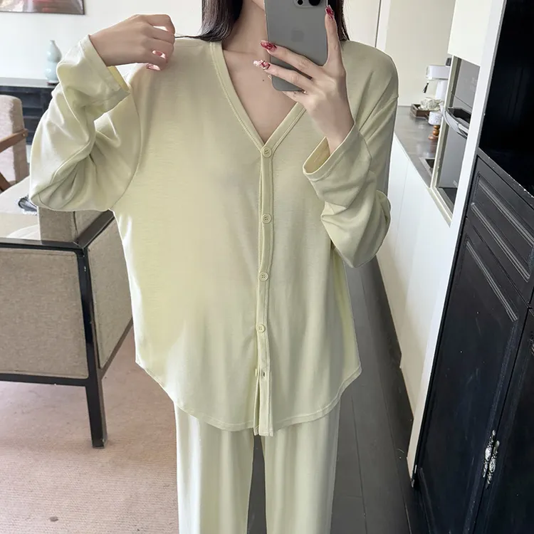 3101春季新款睡衣女莱赛尔舒适简约长袖开衫家居服薄款纯色可外穿