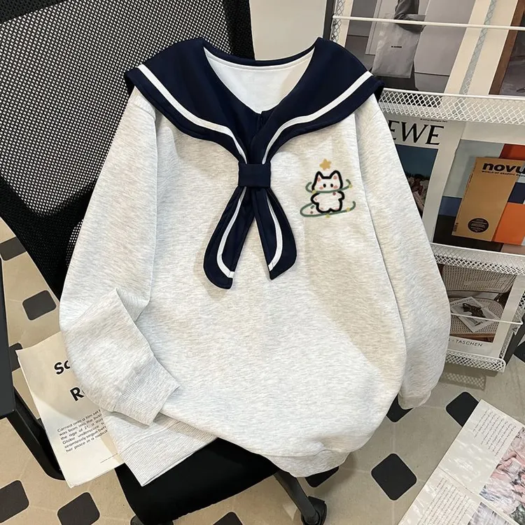 卡通印花图案海军领长袖卫衣甜美风女生春秋季薄款上衣日常慵懒风