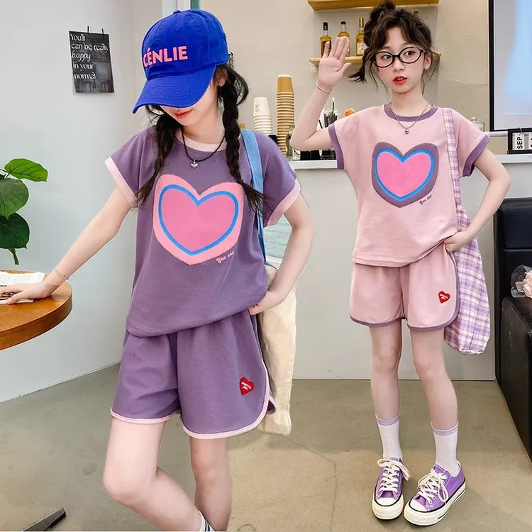 女童夏季套装2024新款韩版中大童童装卡通印花撞色短袖短裤两件套