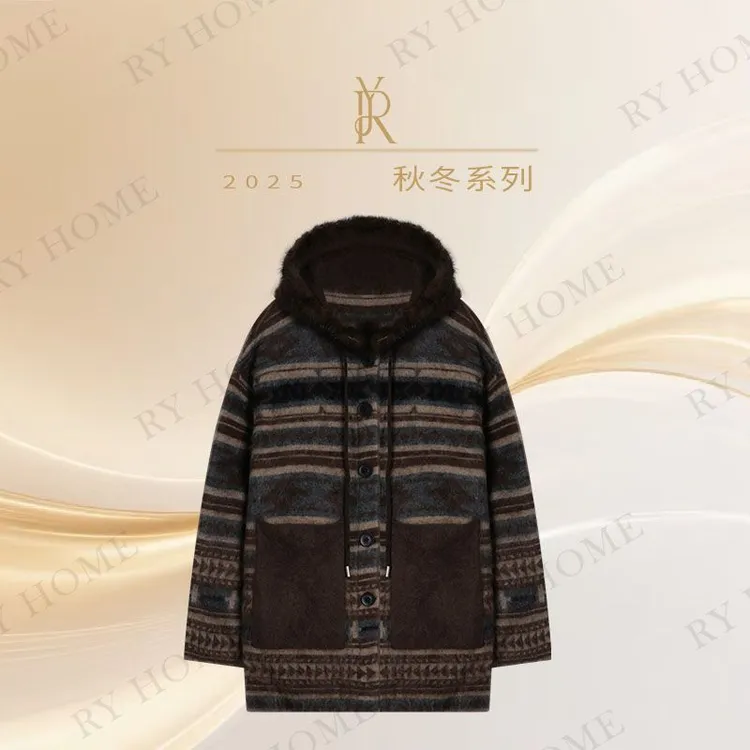 【容雨RYHOME】羊毛羊绒混纺撞色拼接水貂帽衫253M3168