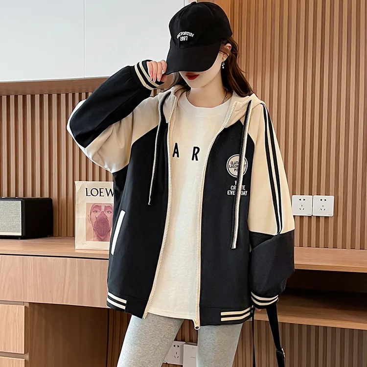 美式复古拼色棒球服春秋季初高中学生宽松休闲刺绣连帽卫衣外套女