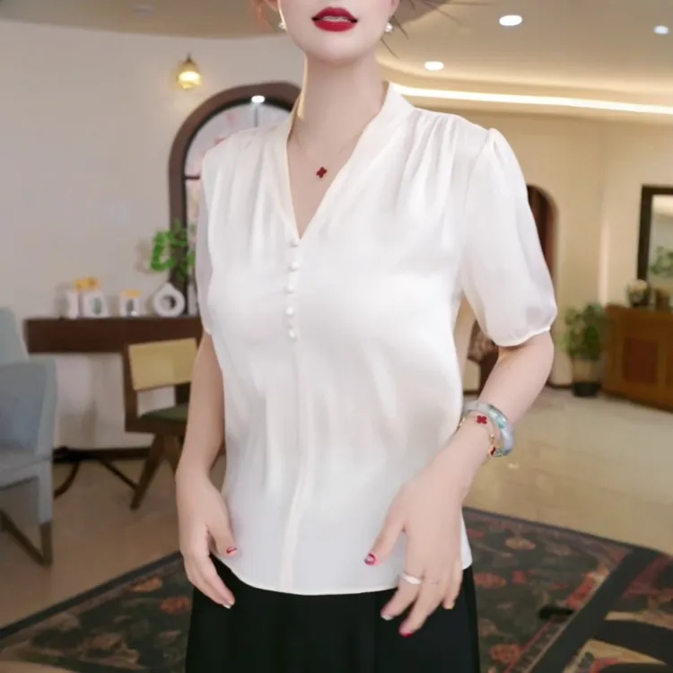 高端时尚优雅纯色V领轻薄衬衫上衣女2025夏季新款宽松百搭小衫t恤