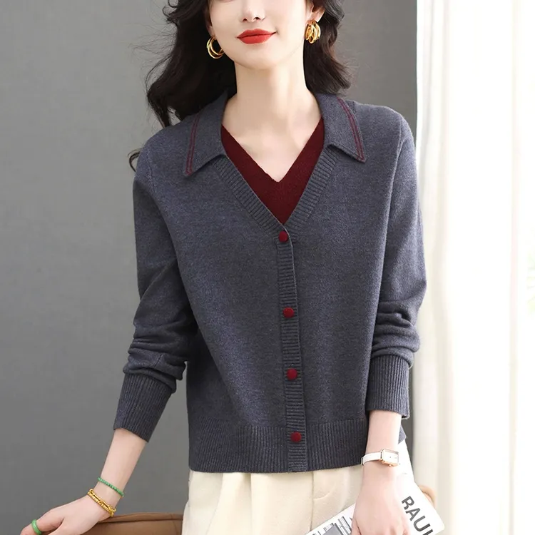 假两件翻领毛衣2025新款春秋季百搭设计感上衣宽松外穿女装针织衫