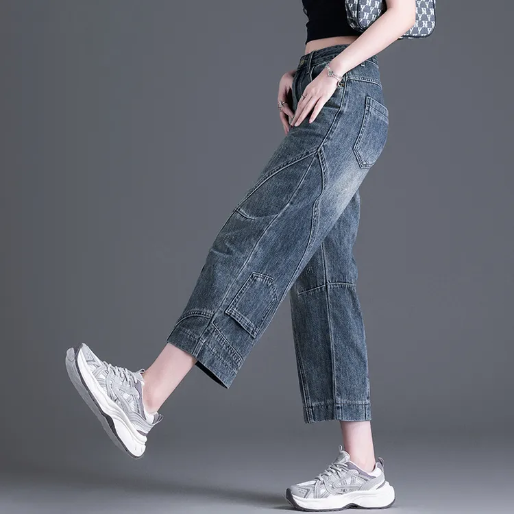 原创设计八分弯刀牛仔裤女2025秋冬季新款高腰宽松品质九分哈伦裤