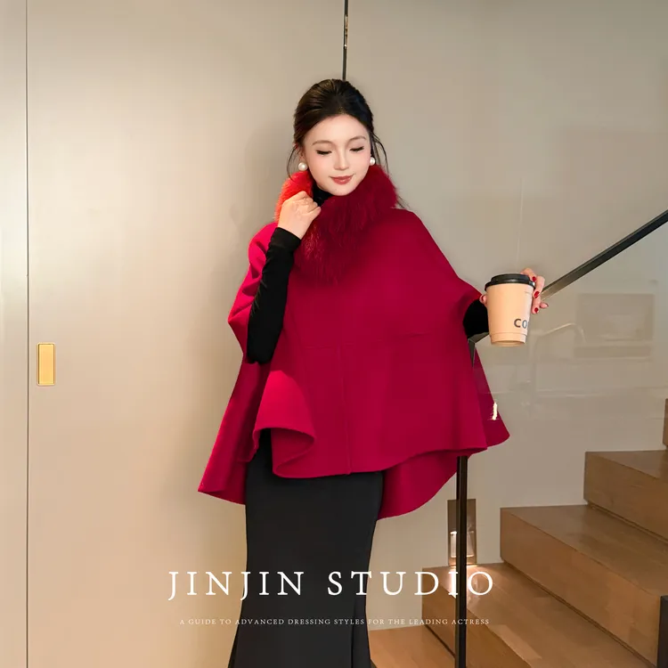 MD进进原创【冬日玫瑰】2025冬气质百搭设计师狐狸毛领双面羊毛外套