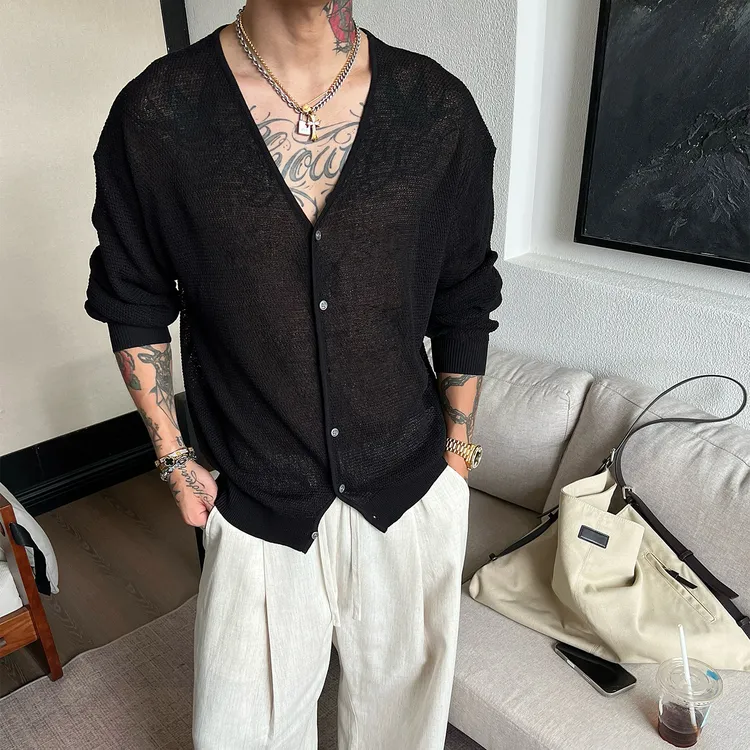 OXFREAK「天丝亚麻 镂空设计」老钱风针织开衫男夏季薄款V领外套