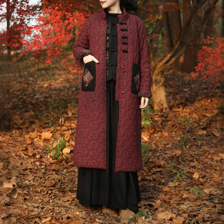 新中式冬季新品棉麻文艺碎花国风复古加绒长款保暖棉衣棉服外套女