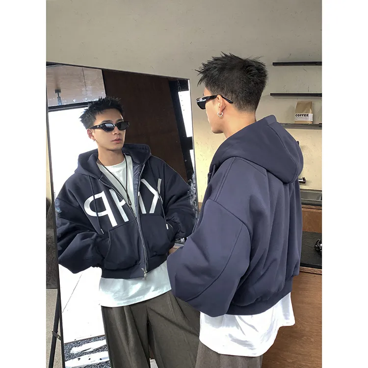 PLTH*重磅夹棉高级冬季新款时尚百搭连帽卫衣长袖拉链上衣棉服男