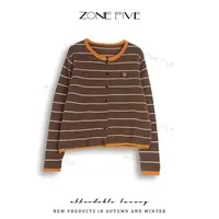 【zonefive】拼色条纹针织开衫秋季新款女装减龄圆领百搭外穿上衣