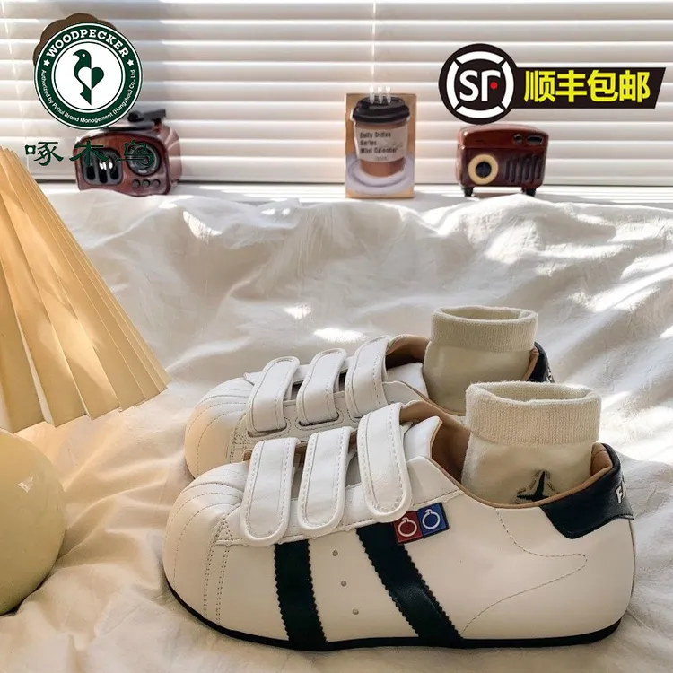 啄木鸟丑萌魔术贴贝壳头德训鞋女秋季平底内增高运动鞋休闲板鞋