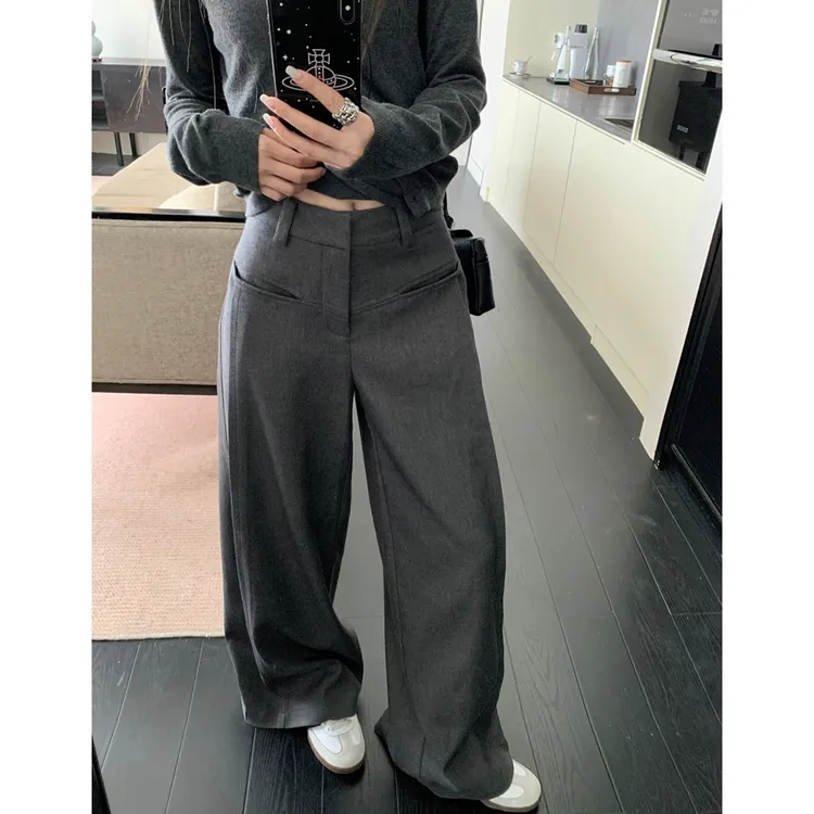 180高个子175加长灰色休闲西装裤女宽松高腰慵懒风垂感阔腿拖地裤