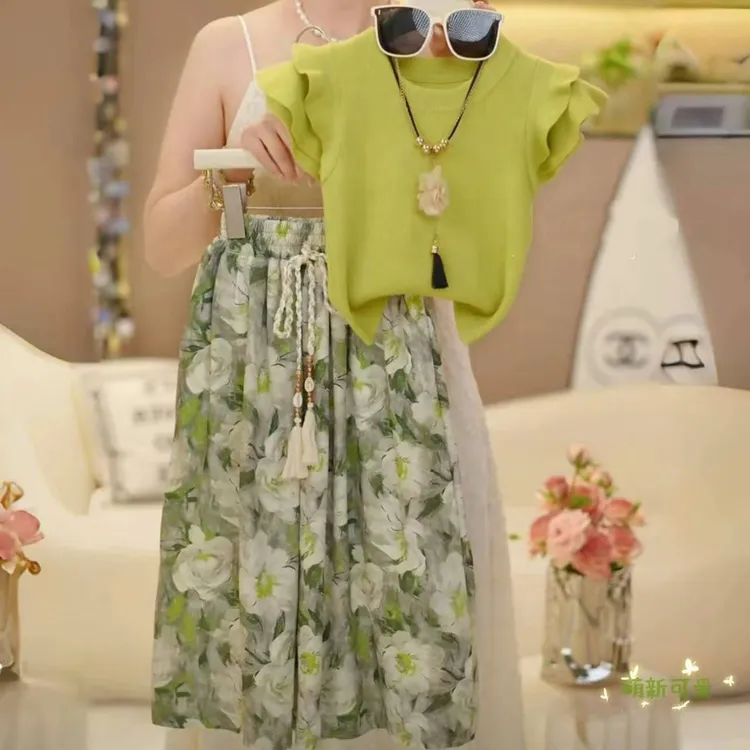 女童装2025洋气时髦圆领坎肩袖碎花长裤套装时尚两件套潮