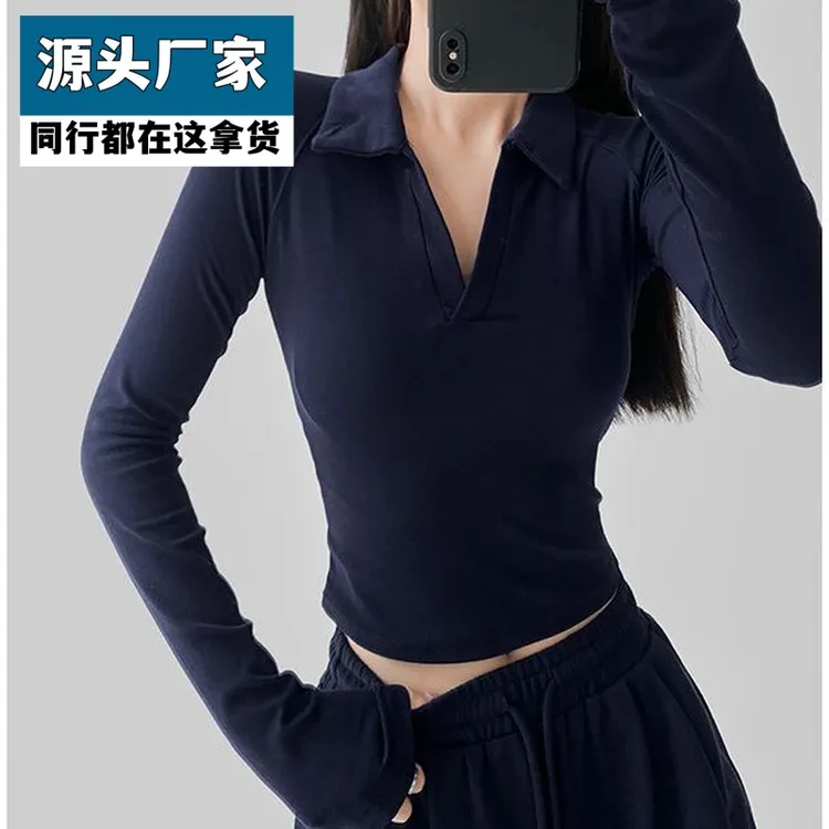 梵乐芬修身polo衫上衣女秋季新款辣妹性感纯欲风高腰短款长袖t恤