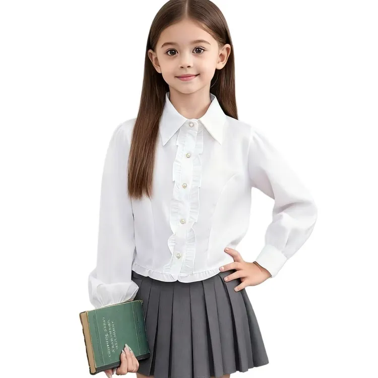 中大童学院风甜美千金立领白色纯棉花边衬衫金扣女孩打底内搭长袖