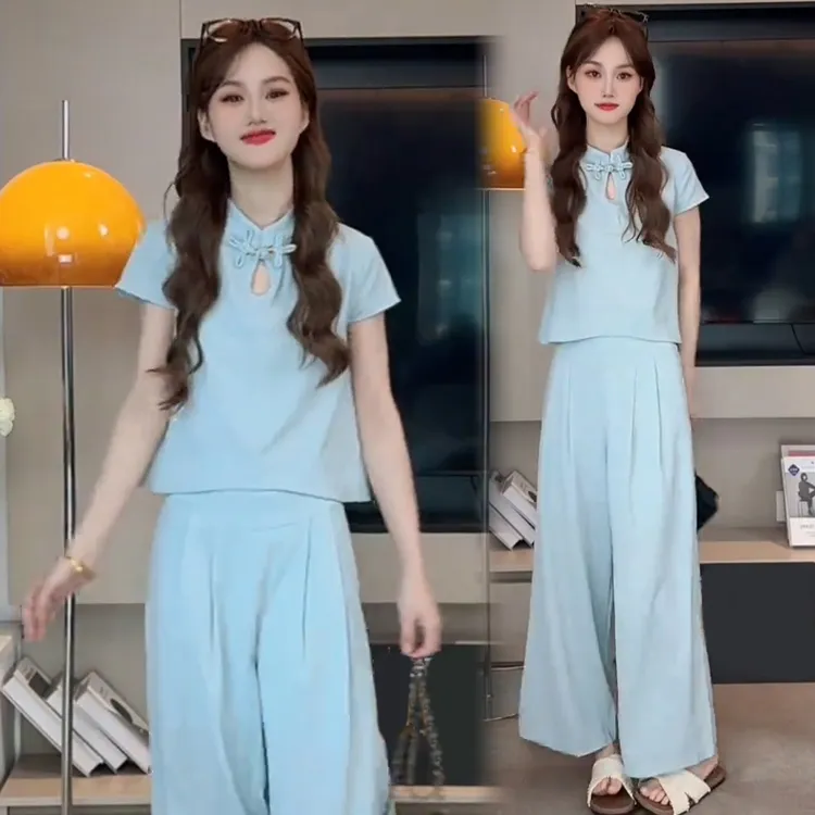 慵懒风国风套装女2025夏季新款休闲减龄短袖上衣高腰阔腿裤两件套