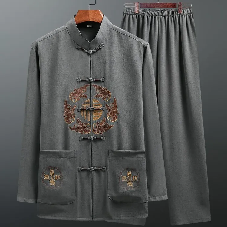 冰丝中老年人唐装男套装春秋夏季薄款中国风爸爸长袖衬衫爷爷衣服