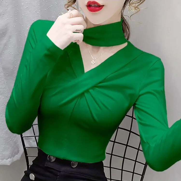 204春秋加厚设计感修身镂空挂脖V领加绒百搭韩版上衣长袖t恤女潮