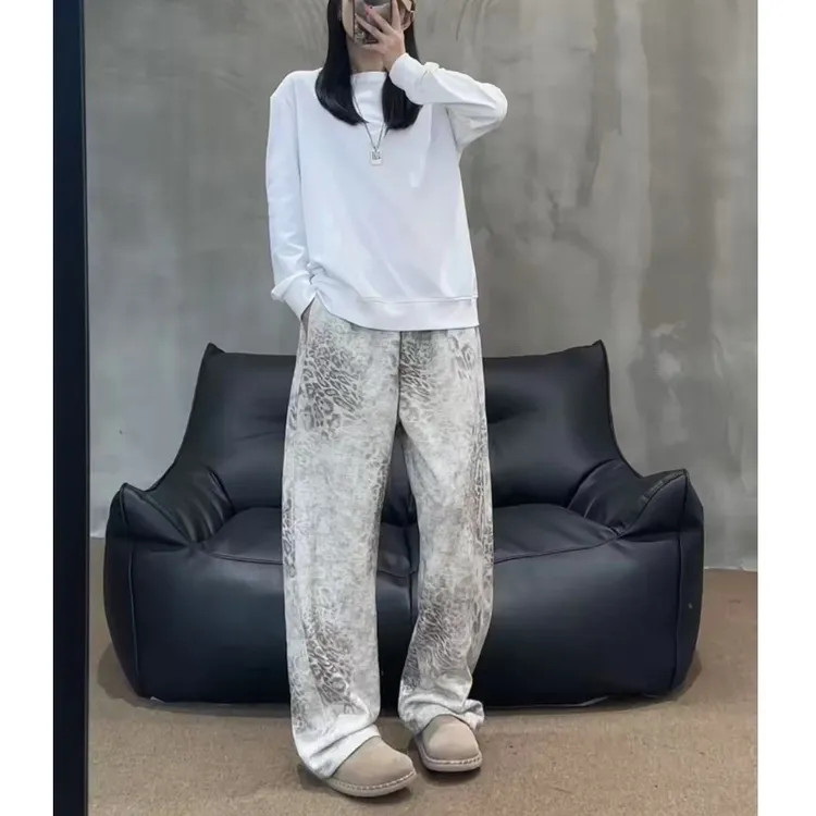 豹纹卫裤男款秋季美式潮牌休闲卫裤潮流垂感直筒裤街头阔腿休闲裤