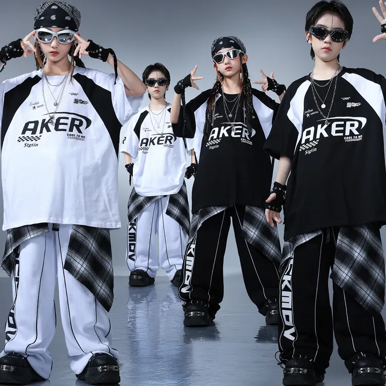 儿童嘻哈街舞潮服男女童帅气机车风T恤hiphop架子鼓走秀表演出服