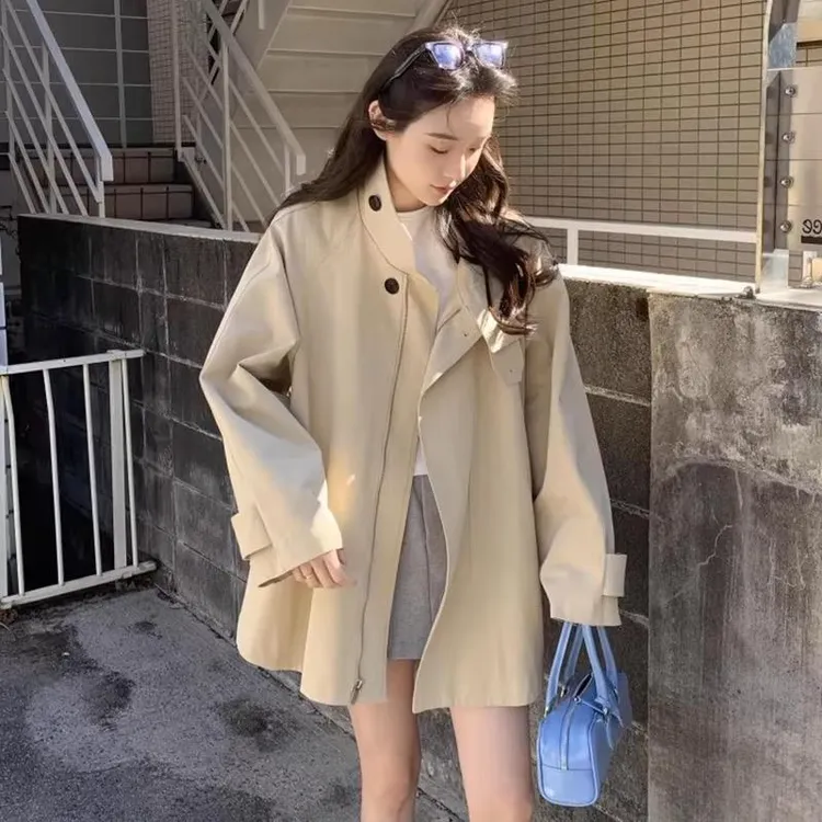 韩国chic秋季新款复古英伦风立领设计感小众宽松长袖风衣外套女