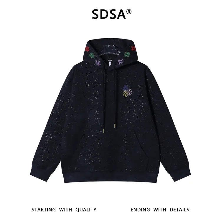 SDSA秋冬新款痞帅男装潮牌扎染满天星刺绣十字抽绳连帽卫衣百搭