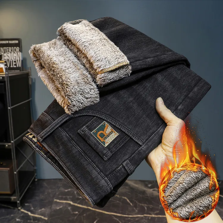 秋冬2025新款爆款加绒男士牛仔裤雪狐绒潮流中腰弹力轻奢小直筒裤