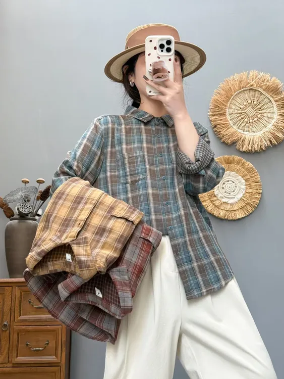 长袖格子衬衫女纯棉2025秋季新款复古文艺双层棉纱宽松显瘦衬衫女
