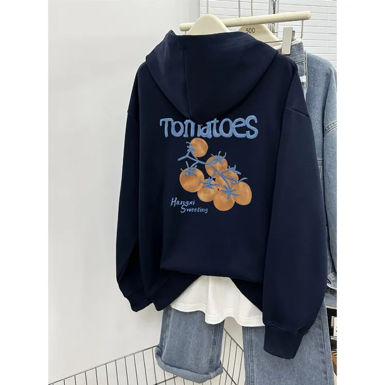 番茄印花连帽加绒加厚卫衣女2025秋冬新款爆款宽松大码中长款外套