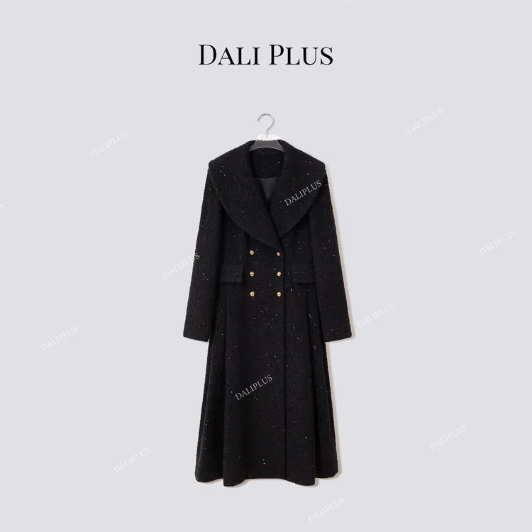 DALI PLUS黑闪闪苏力羊驼羊毛大衣裙”大翻领双排扣大衣-D5CH5325